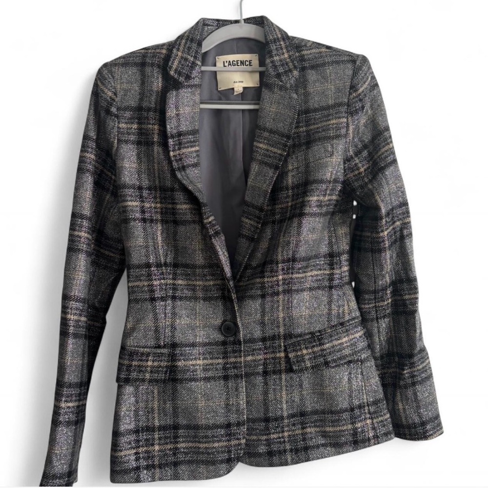L'AGENCE Gray Plaid Wool Blend Blazer